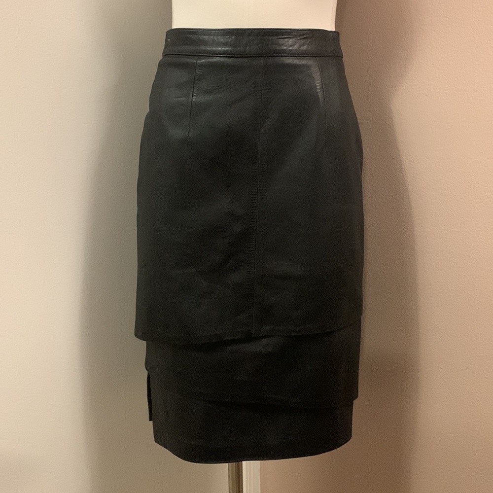 GINGETTE Tiered Black Leather Midi Skirt Size 38- Vintage Size.